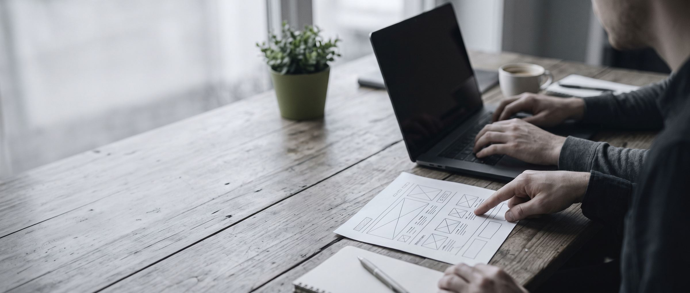 Dos personas trabajando juntas sobre un boceto de sitio web y una laptop